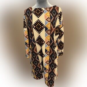 Boho Aztec Printed Tunic Dress in Cream and Earth Tones-Size XL